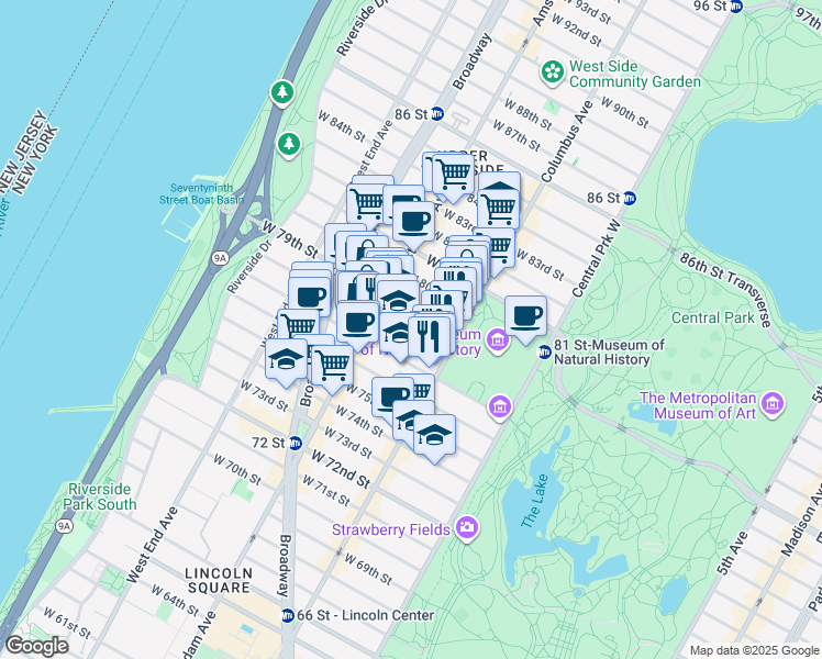 map of restaurants, bars, coffee shops, grocery stores, and more near 129 West 78th Street in New York