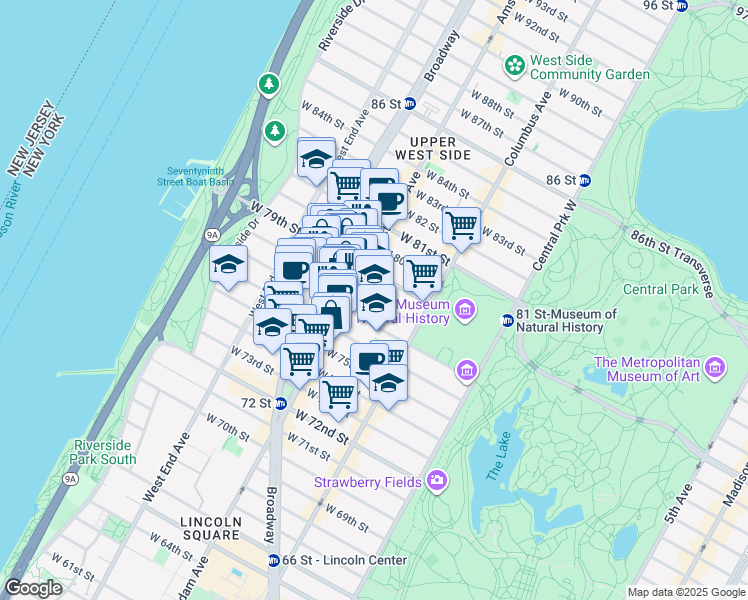 map of restaurants, bars, coffee shops, grocery stores, and more near in New York