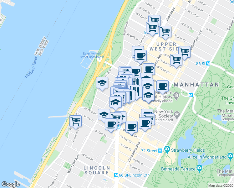map of restaurants, bars, coffee shops, grocery stores, and more near 235 West 76th Street in New York