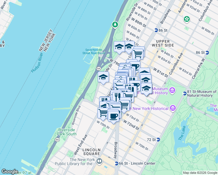 map of restaurants, bars, coffee shops, grocery stores, and more near 323 West End Avenue in New York