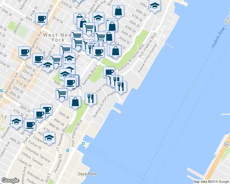 map of restaurants, bars, coffee shops, grocery stores, and more near 19-21 Avenue at Port Imperial in West New York