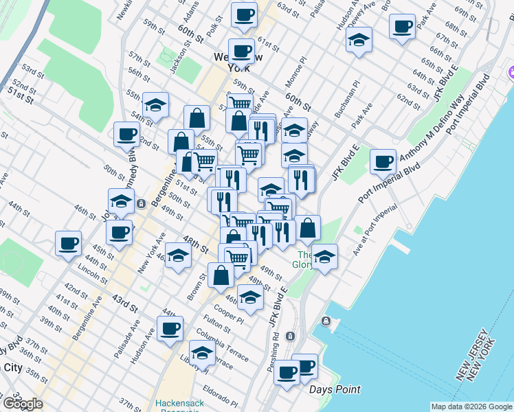 map of restaurants, bars, coffee shops, grocery stores, and more near 5300 Broadway in West New York