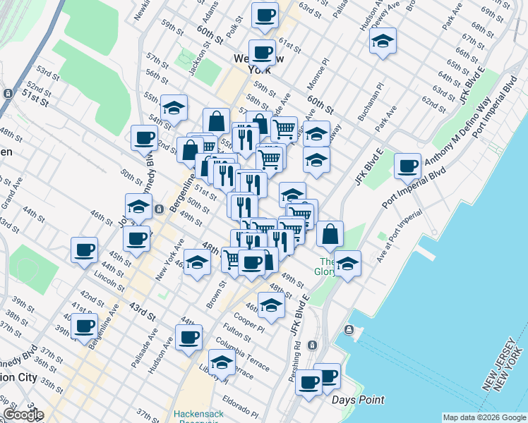 map of restaurants, bars, coffee shops, grocery stores, and more near 223 52nd Street in West New York