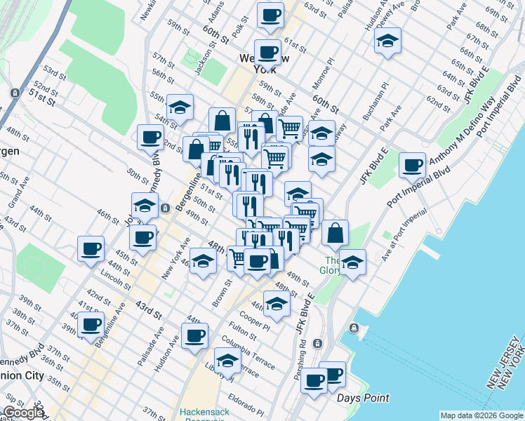 map of restaurants, bars, coffee shops, grocery stores, and more near 223 52nd Street in West New York