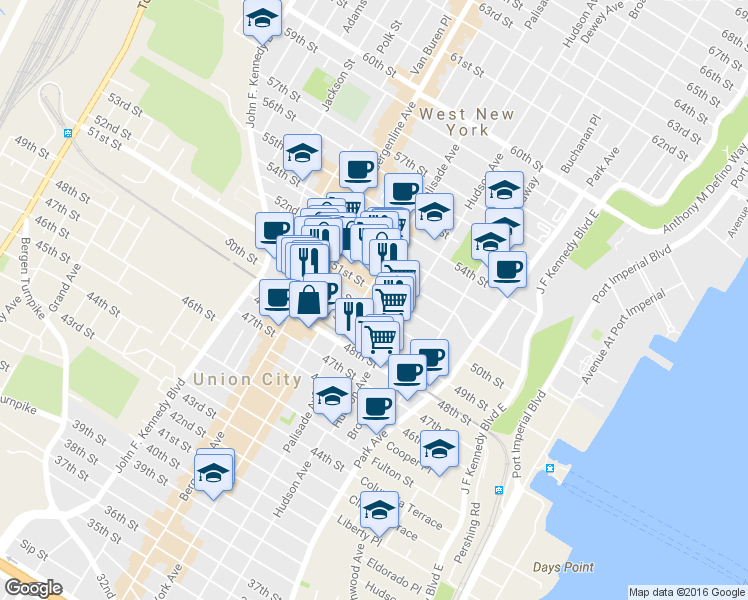 map of restaurants, bars, coffee shops, grocery stores, and more near 402 50th Street in West New York