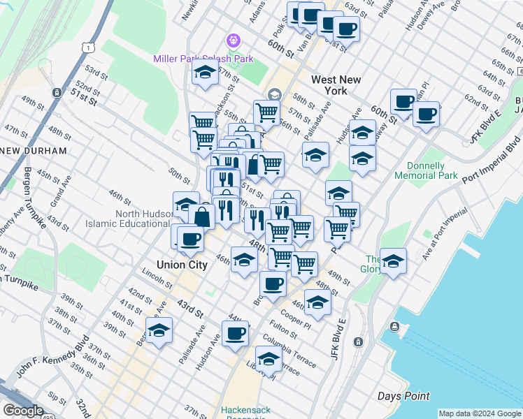 map of restaurants, bars, coffee shops, grocery stores, and more near 402 50th Street in West New York