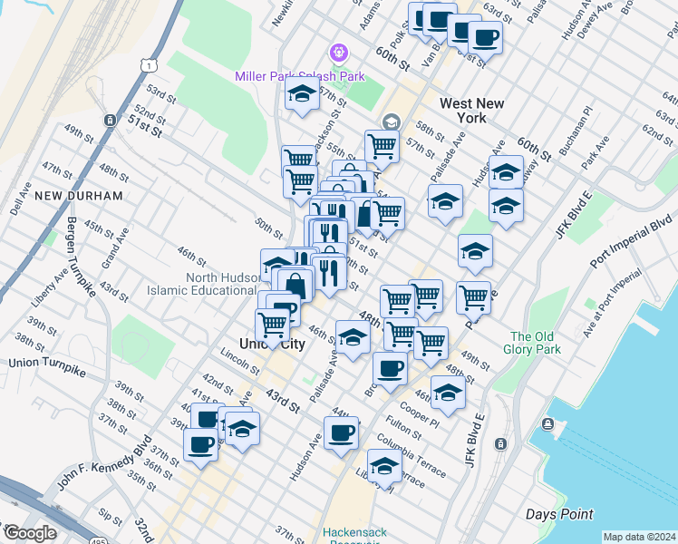 map of restaurants, bars, coffee shops, grocery stores, and more near 328 49th Street in Union City