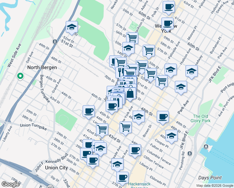 map of restaurants, bars, coffee shops, grocery stores, and more near 535 48th Street in Union City