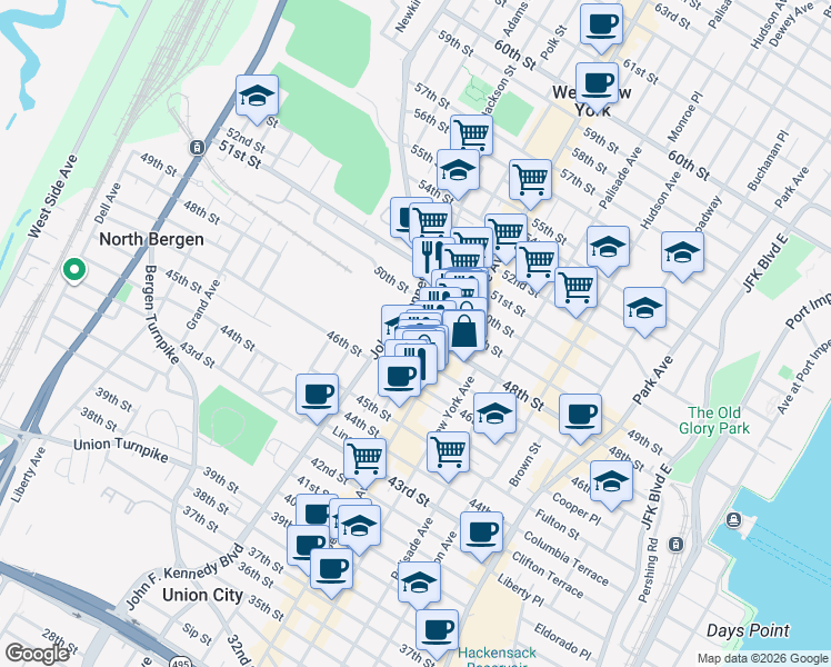map of restaurants, bars, coffee shops, grocery stores, and more near 535 48th Street in Union City