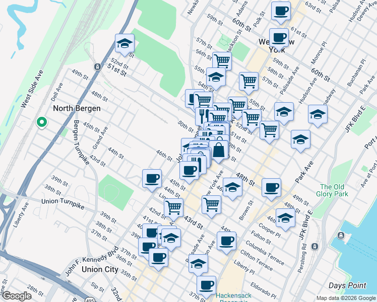 map of restaurants, bars, coffee shops, grocery stores, and more near 535 48th Street in Union City