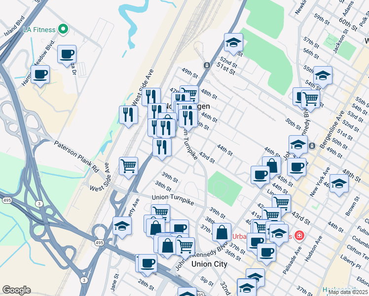 map of restaurants, bars, coffee shops, grocery stores, and more near 1701 43rd Street in North Bergen