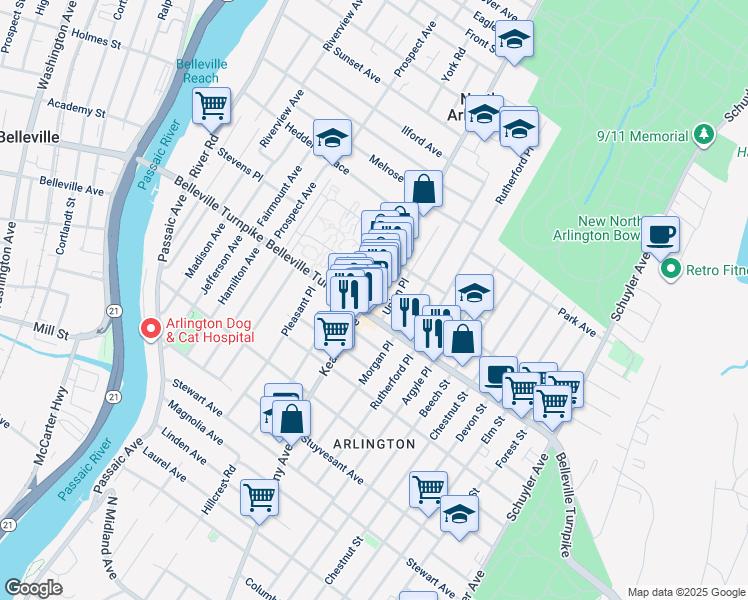 map of restaurants, bars, coffee shops, grocery stores, and more near 15 Union Place in North Arlington