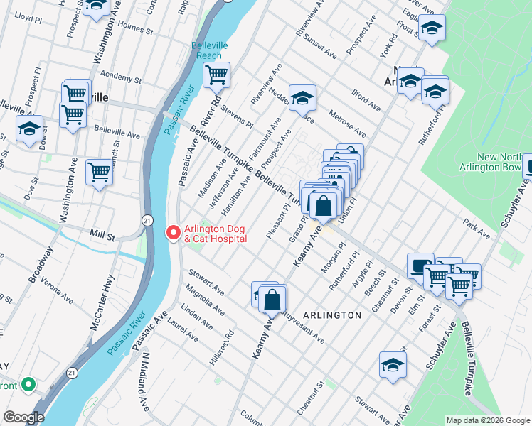 map of restaurants, bars, coffee shops, grocery stores, and more near 20 Clinton Avenue in Kearny