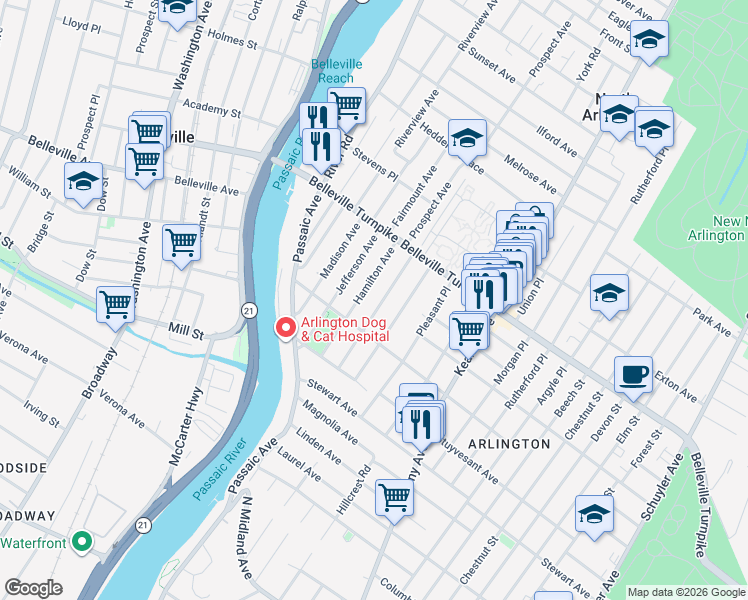 map of restaurants, bars, coffee shops, grocery stores, and more near 29 Livingston Avenue in Kearny