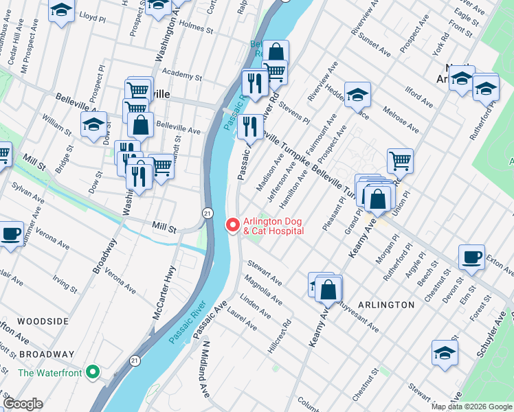 map of restaurants, bars, coffee shops, grocery stores, and more near 48 Madison Avenue in Kearny