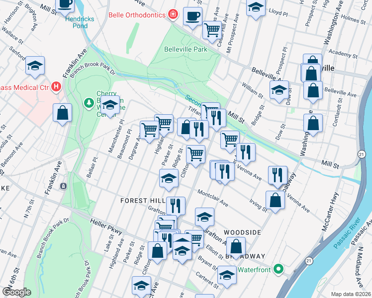 map of restaurants, bars, coffee shops, grocery stores, and more near 825 Ridge Street in Newark