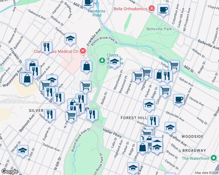 map of restaurants, bars, coffee shops, grocery stores, and more near 341 Montclair Avenue in Newark