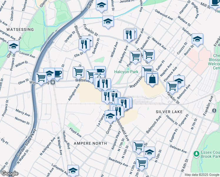 map of restaurants, bars, coffee shops, grocery stores, and more near 175 Watsessing Avenue in Bloomfield