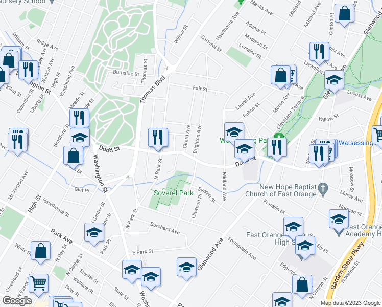 map of restaurants, bars, coffee shops, grocery stores, and more near 152 Brighton Avenue in East Orange