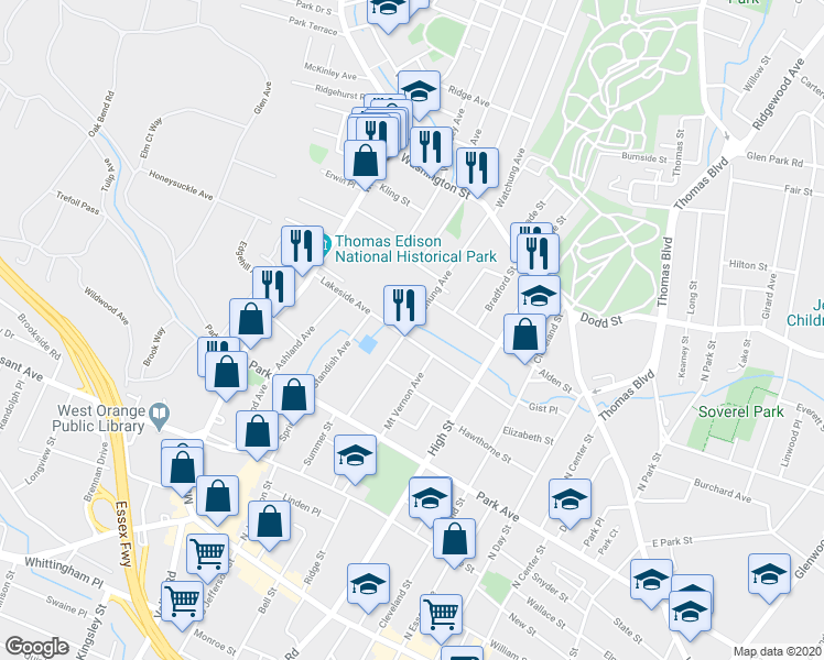 map of restaurants, bars, coffee shops, grocery stores, and more near 300 Watchung Avenue in City of Orange