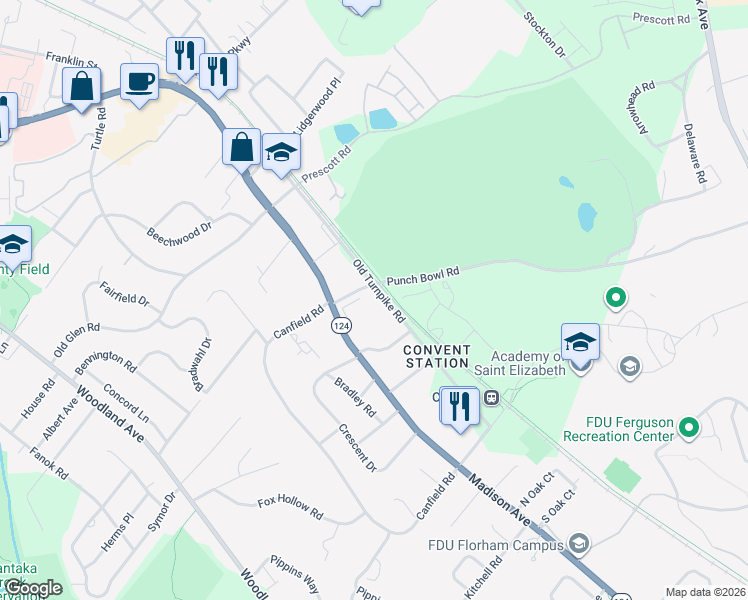 map of restaurants, bars, coffee shops, grocery stores, and more near 8 Howland Terrace in Morristown