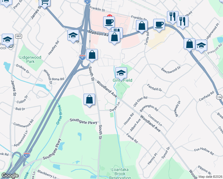 map of restaurants, bars, coffee shops, grocery stores, and more near 35 Woodland Avenue in Morristown