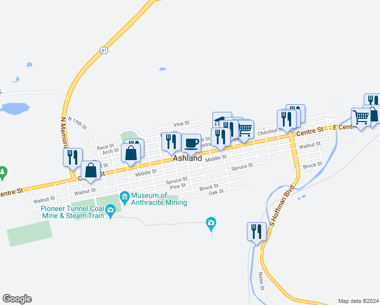map of restaurants, bars, coffee shops, grocery stores, and more near in Ashland