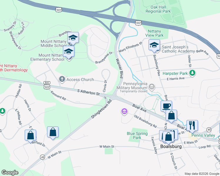 map of restaurants, bars, coffee shops, grocery stores, and more near 101-199 Circle Dr in State College