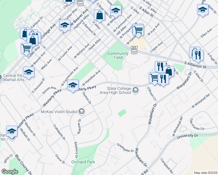 map of restaurants, bars, coffee shops, grocery stores, and more near 800-898 S Sparks St in State College