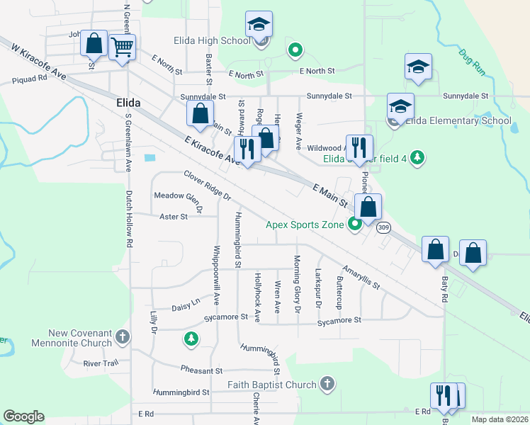 map of restaurants, bars, coffee shops, grocery stores, and more near 5648 Clover Ridge Drive in Elida