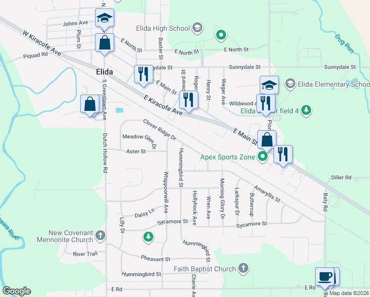 map of restaurants, bars, coffee shops, grocery stores, and more near 5665 Clover Ridge Drive in Elida