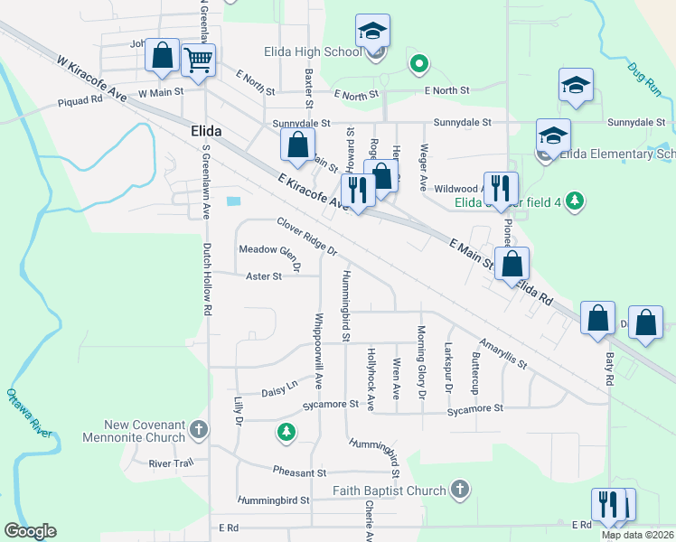 map of restaurants, bars, coffee shops, grocery stores, and more near 3108 Whippoorwill Avenue in Elida