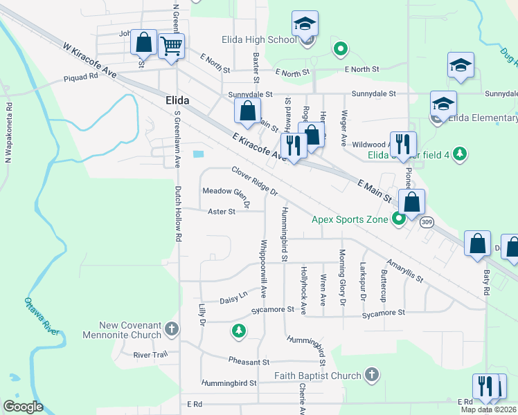 map of restaurants, bars, coffee shops, grocery stores, and more near 3108 Whippoorwill Avenue in Elida