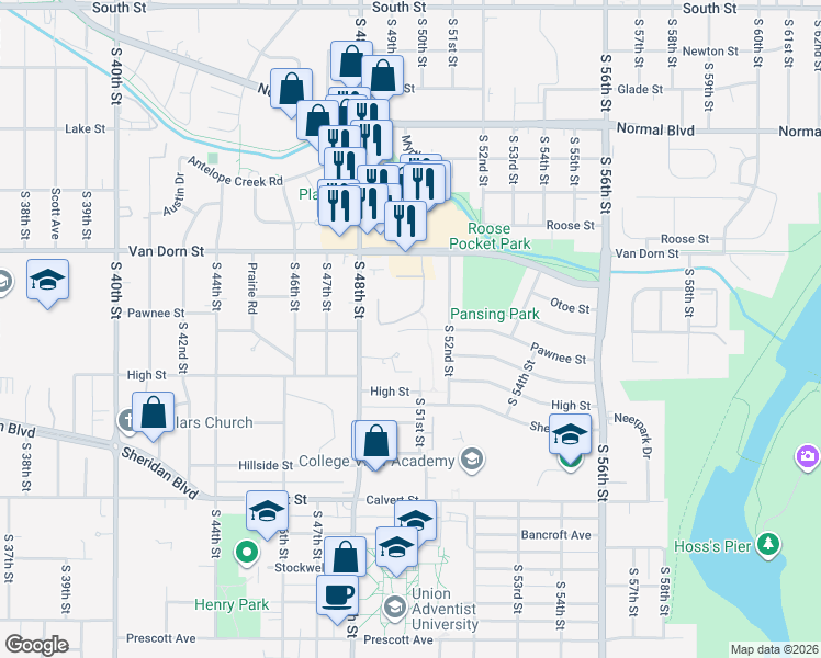 map of restaurants, bars, coffee shops, grocery stores, and more near 68 South 51st Street Court in Lincoln