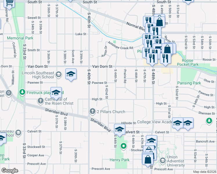 map of restaurants, bars, coffee shops, grocery stores, and more near 3025 South 44th Street in Lincoln