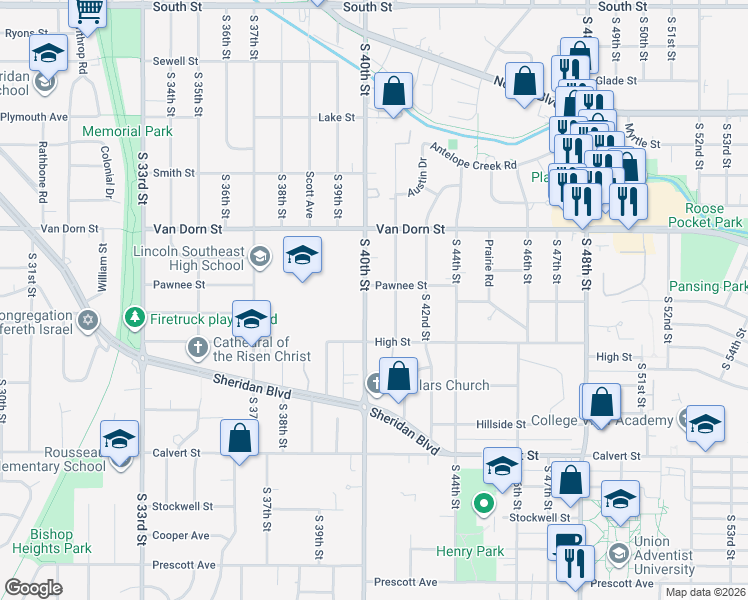 map of restaurants, bars, coffee shops, grocery stores, and more near 3030 South 40th Street in Lincoln