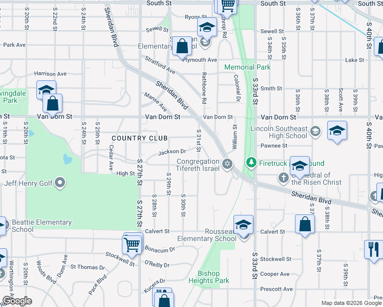 map of restaurants, bars, coffee shops, grocery stores, and more near 3025 South 31st Street in Lincoln