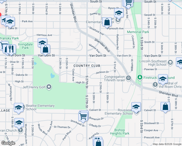 map of restaurants, bars, coffee shops, grocery stores, and more near 3021 South 27th Street in Lincoln