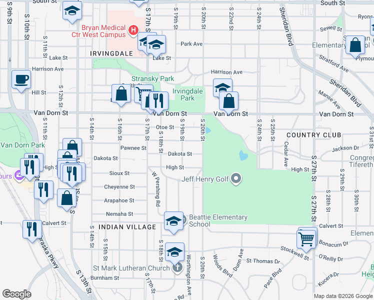 map of restaurants, bars, coffee shops, grocery stores, and more near 1930 Dakota Street in Lincoln