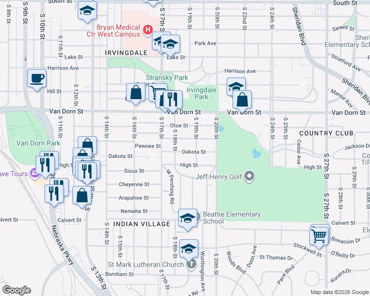 map of restaurants, bars, coffee shops, grocery stores, and more near 1844 Dakota Street in Lincoln