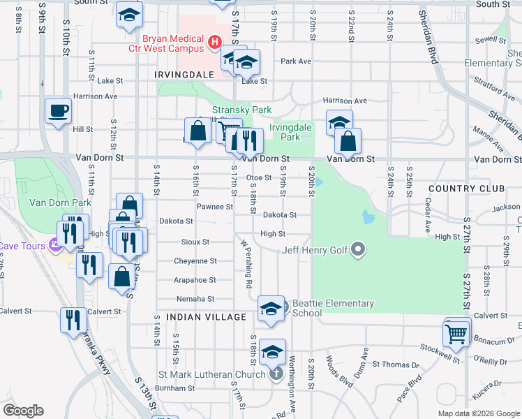 map of restaurants, bars, coffee shops, grocery stores, and more near 1844 Dakota Street in Lincoln