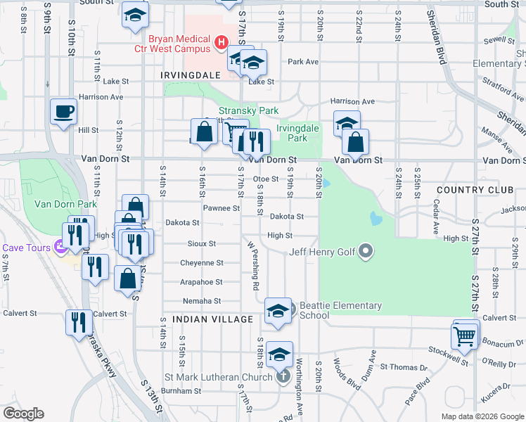 map of restaurants, bars, coffee shops, grocery stores, and more near 1730 Dakota Street in Lincoln