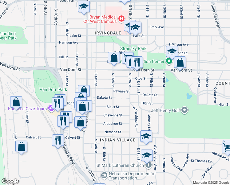 map of restaurants, bars, coffee shops, grocery stores, and more near 1601 Pawnee Street in Lincoln