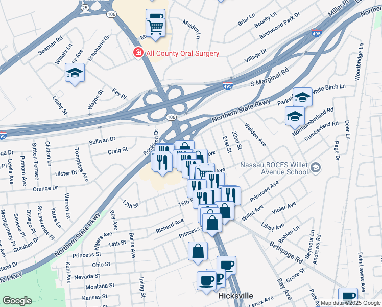 map of restaurants, bars, coffee shops, grocery stores, and more near 375 North Broadway in Jericho