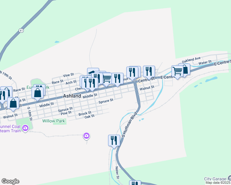 map of restaurants, bars, coffee shops, grocery stores, and more near 529 Walnut Street in Ashland
