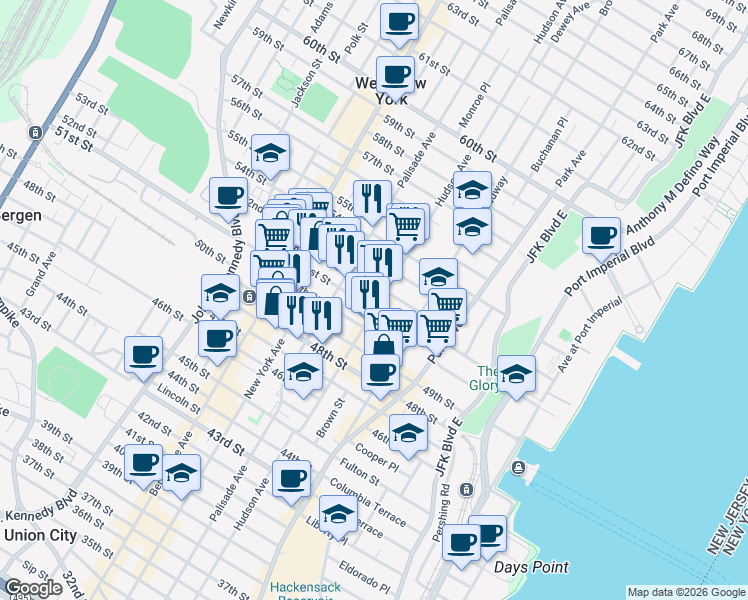 map of restaurants, bars, coffee shops, grocery stores, and more near 318 51st Street in West New York