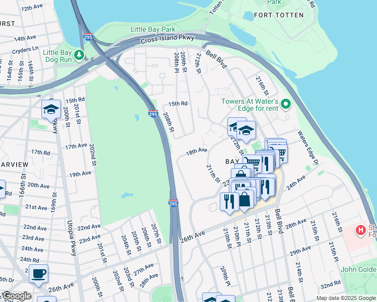 map of restaurants, bars, coffee shops, grocery stores, and more near 209-25 18th Avenue in Queens