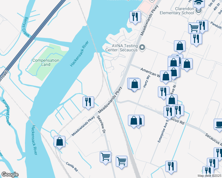 map of restaurants, bars, coffee shops, grocery stores, and more near 58 Harmon Cove Tower in Secaucus