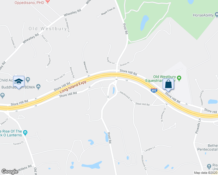 map of restaurants, bars, coffee shops, grocery stores, and more near Post Rd & Old Westbury Rd in Old Westbury