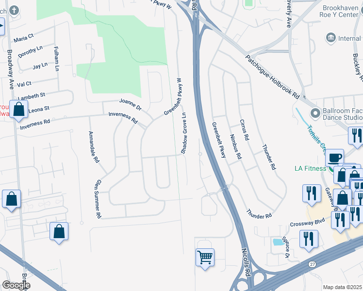 map of restaurants, bars, coffee shops, grocery stores, and more near 49 Shadow Grove Lane in Holbrook